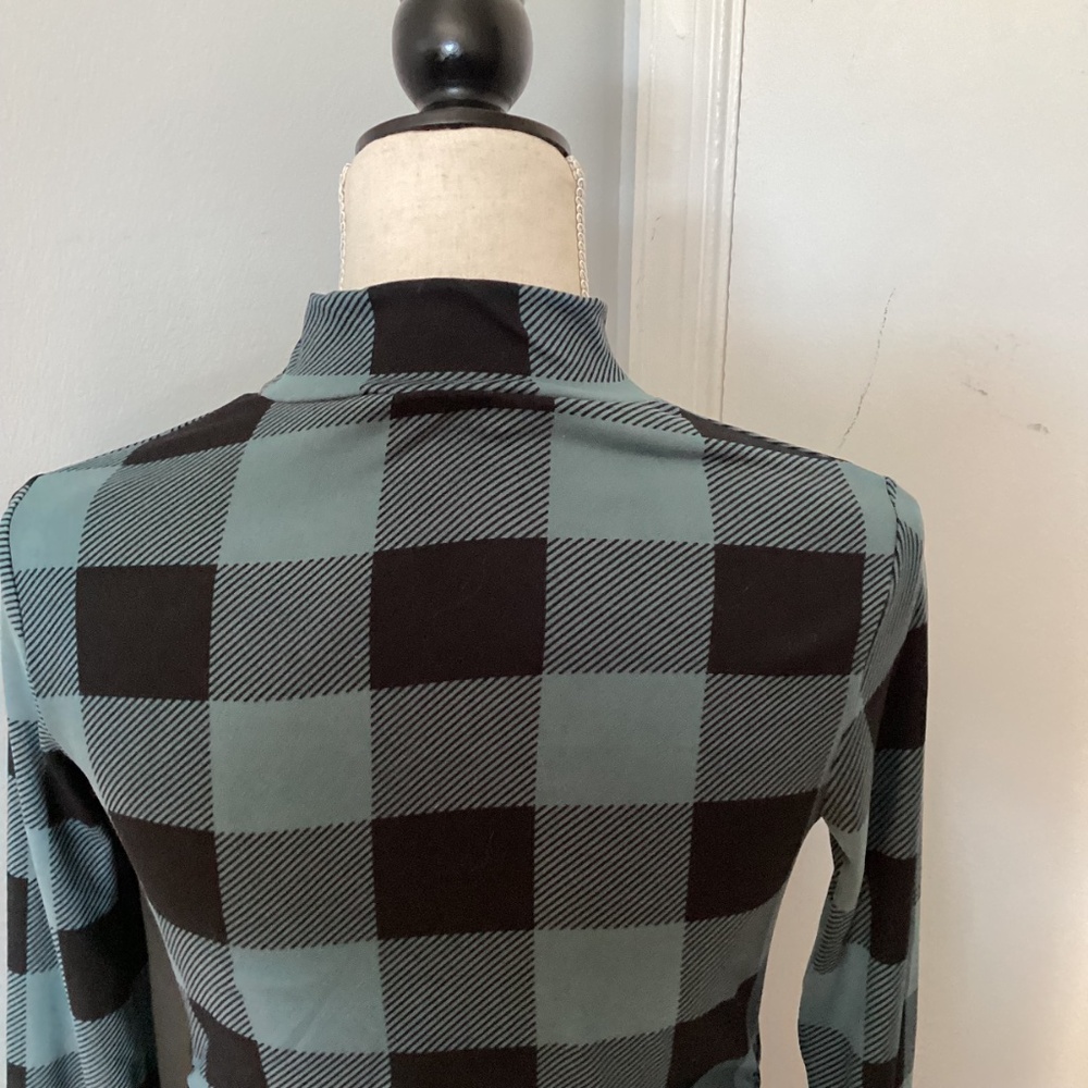 NWOT HELLO MIZ MATERNTY SMALL MIDI DRESS MOCKNECL PLAID TEAL BLACK - Picture 6 of 11
